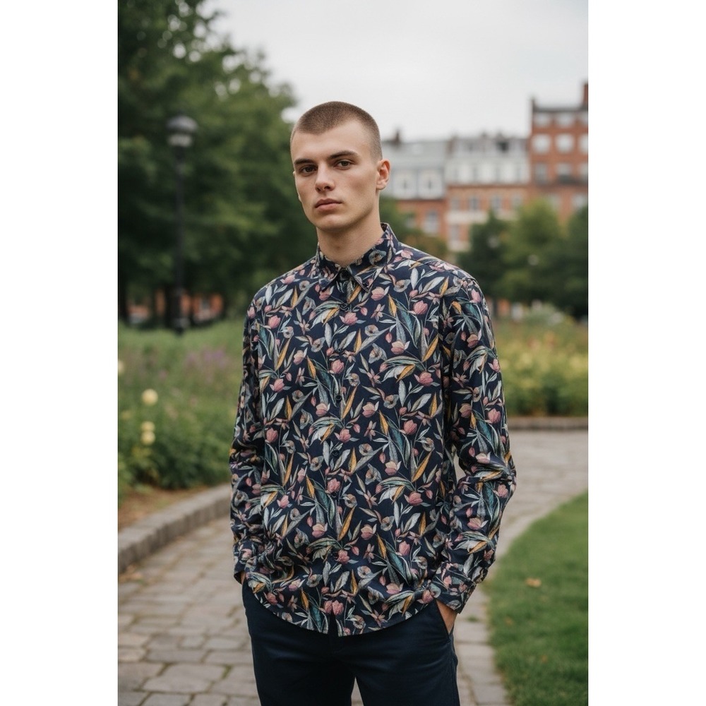 Eton Contemporary Floral Pattern Twill Shirt Long Sleeve Navy 46 18